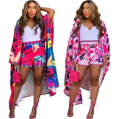 Women's printed cardigan shorts set, two-piece set