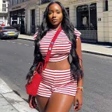 Fashion Knitted Stripe Short Sleeve Top High Waist Shorts Set