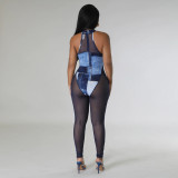Printed fake two-piece jumpsuit with round neck racerback vest, slim fitting and perspective jumpsuit