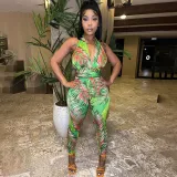 Women's fashion printed backless top Leggings casual suit