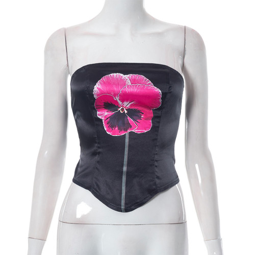Women's imitation silk sexy contrast floral waist top fashion bra