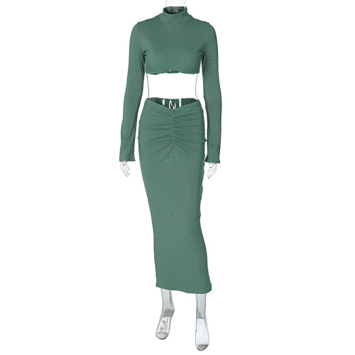 Women's temperament set solid color exposed navel flared sleeve top pleated long skirt