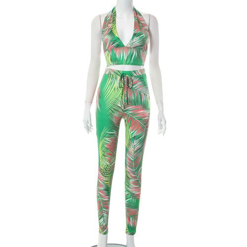 Women's fashion printed backless top Leggings casual suit