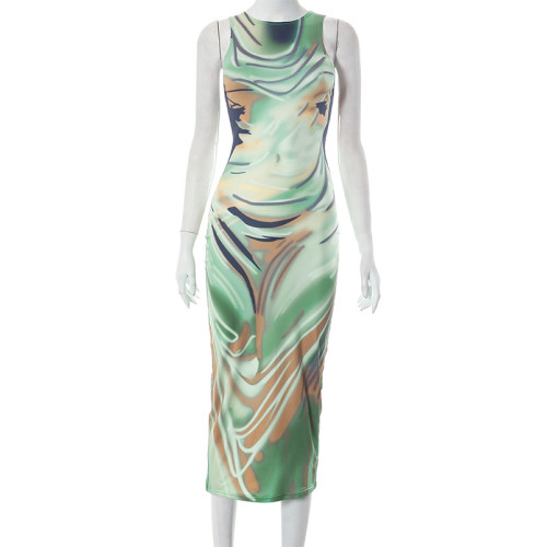 Round Neck Casual Sleeveless Painted Print Slim Fit Slim Strap Long Dress