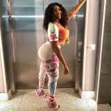 Printed mesh tight cardigan top pants casual set