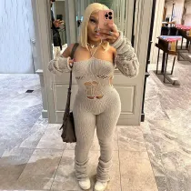 Woolen sleeve, neck tied, hollowed out jumpsuit, pile up pants