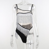 Sexy Strap Mesh Perspective Tassel Spicy Girl Hollow out Tight Contrast Color One Piece