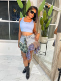 Women's sexy irregular plaid patchwork denim short skirt