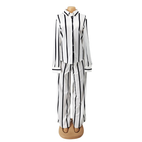 Women's printed striped shirt set two-piece long sleeved loose fitting straight tube