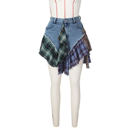 Women's sexy irregular plaid patchwork denim short skirt