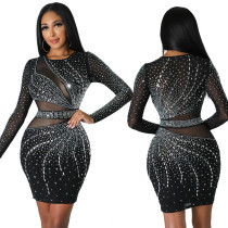 Fashionable round neck long sleeved hot diamond wrap buttocks A-line dress sexy perspective style