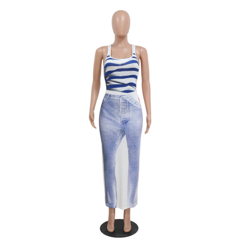 Women's New Sexy Sleeveless Digital Printing High Waist Slim Fit Long Dress