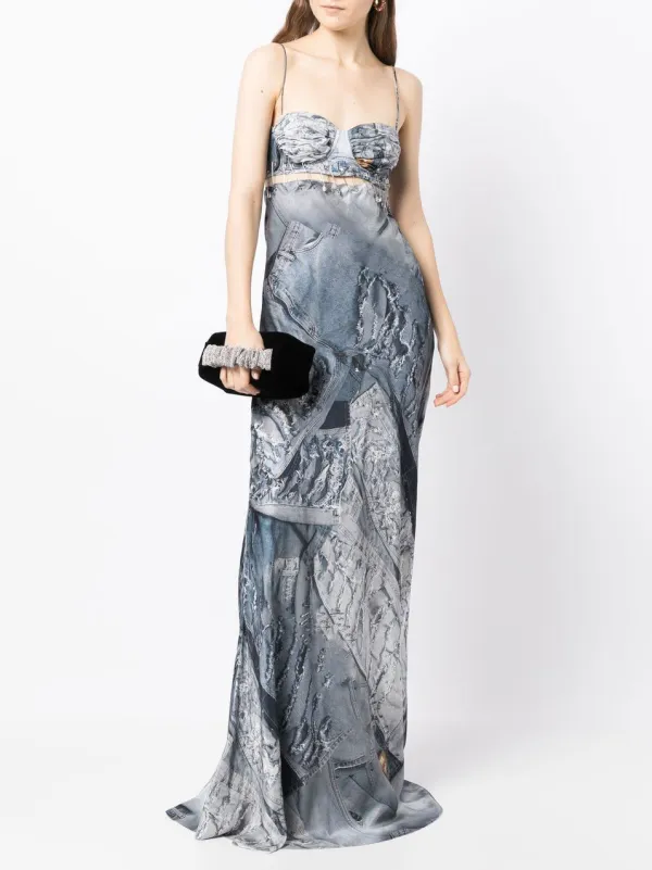 Sexy Women's Denim Print Pin Decorative Naked Back Strap Floor Dragging Long Dress Set