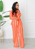 Women's printed striped shirt set two-piece long sleeved loose fitting straight tube