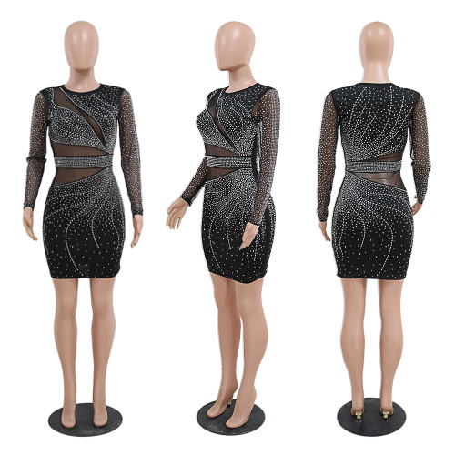 Fashionable round neck long sleeved hot diamond wrap buttocks A-line dress sexy perspective style