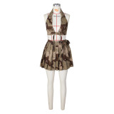Women's camouflage nude back tie up pleated short skirt fashion set