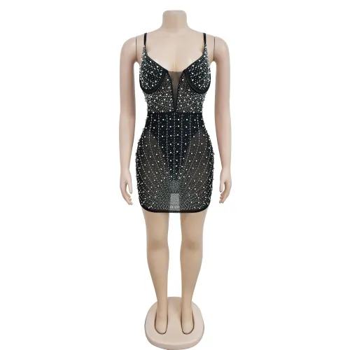 Fashion Women's Solid Color Diamond Mesh Sleeveless Strap Short Dress Dress
