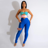 Fashionable contrast color patchwork solid color bra slim fitting jumpsuit for women