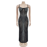 Fashionable women's solid color mesh hot diamond strap long dress