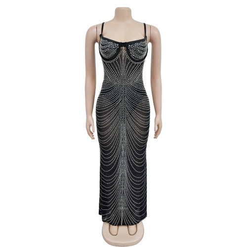Fashionable women's solid color mesh hot diamond strap long dress