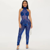 Sexy pearl film perspective jumpsuit women's slim fitting pants