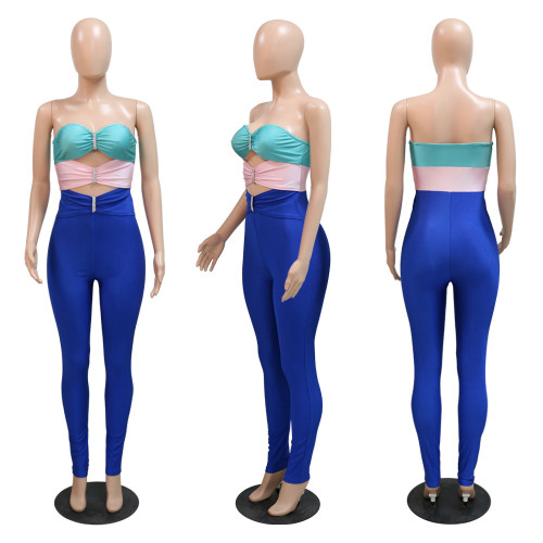 Fashionable contrast color patchwork solid color bra slim fitting jumpsuit for women