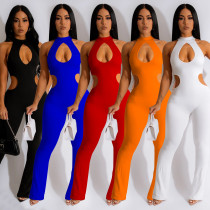 Fashion Women's Solid Color Sexy Hanging Neck Hollow out Long Pants Jumpsuit