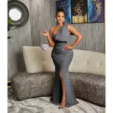 Fashion Women's Solid Bow Split Long Dress Dress