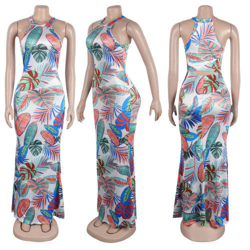 Sexy printed sleeveless micro flared back hollowed out round neck wrap buttocks dress