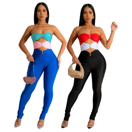 Fashionable contrast color patchwork solid color bra slim fitting jumpsuit for women