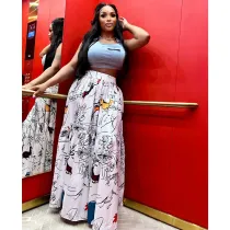 Women's fashion casual printed loose fitting half skirt with large swing skirt