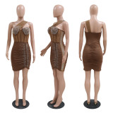 Sexy Diagonal Shoulder Hot Diamond Wrap Hip A-line Short Skirt Perspective Dress