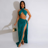 Women's sexy wrap chest strap tassel two piece dress set