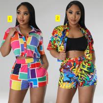 Women's printed fashion casual home short sleeved two-piece set