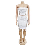 Fashion Women's Solid Color Rope Zipper Sleeveless Short Skirt Set of Two