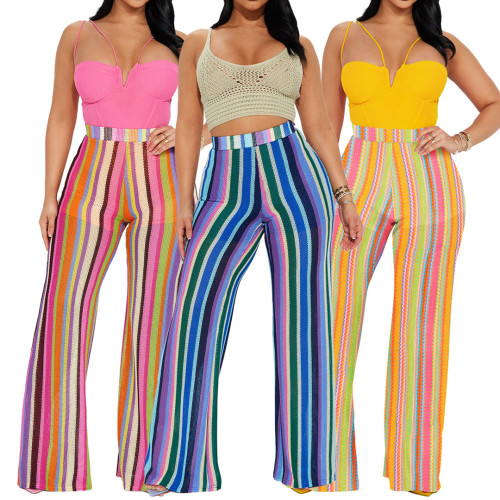 Women's colorful striped knitted hollowed out jacquard fashionable zippered wide leg pants