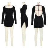 Sexy Open Back Strap Split Long Sleeve Swing Neck Dress