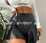 PU leather casual pants, pleated skirt, buttocks wrapped A-line shorts, leather skirt, ruffled edge, small leather pants