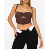 Fashionable pleated hollowed out slim fitting suspender top