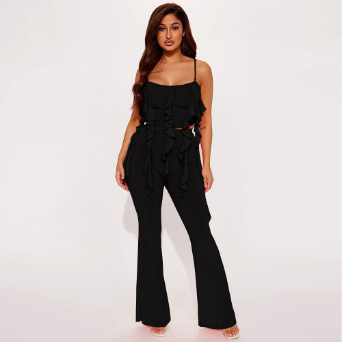 Ruffle Edge Sling Top Horn Pants Two Piece Set