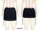 Solid color pleated rubber band spring buckle sports casual pocket work dress
