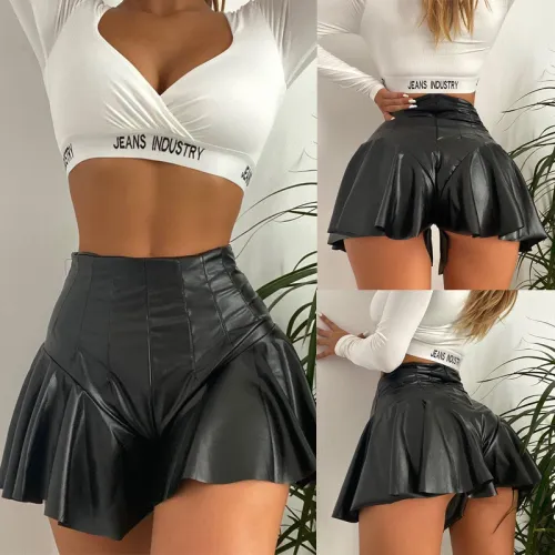 PU leather casual pants, pleated skirt, buttocks wrapped A-line shorts, leather skirt, ruffled edge, small leather pants