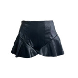 PU leather casual pants, pleated skirt, buttocks wrapped A-line shorts, leather skirt, ruffled edge, small leather pants