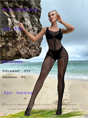 Women's sexy tight fitting perspective fun jumpsuit, popular European and American slim fitting mesh clothing