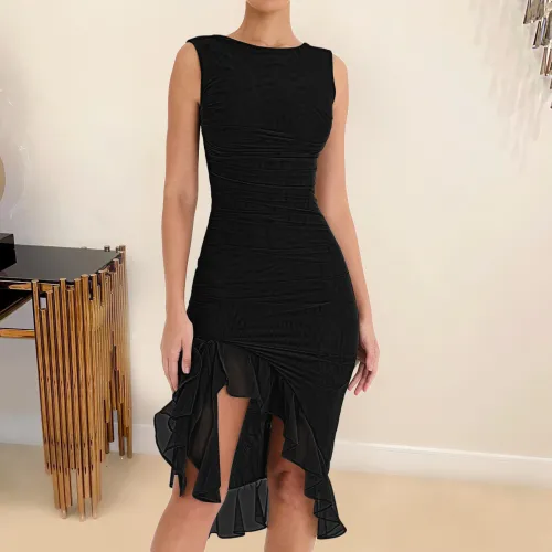Sleeveless temperament backless mesh patchwork ruffled dress