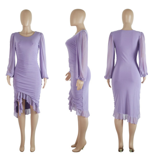 Long Sleeve Temperament Mesh Perspective Irregular Ruffled Dress