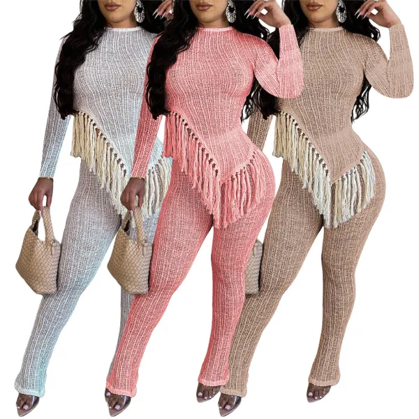 Irregular hem fringed long sleeved pants two-piece set