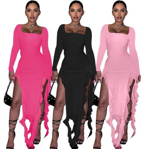 Temperament square neck long sleeved mesh patchwork ruffled slit dress