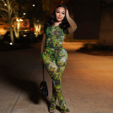 Fashion printed round neck micro flare pants slim and sexy two-piece set