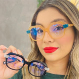 Blue light resistant glasses with contrasting flat lenses and personalized lightweight glasses frame